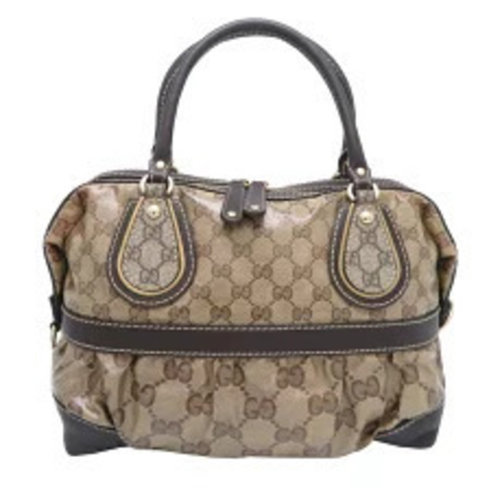 Gucci Boston Bag Handbag GG Crystal Beige Dark Brown